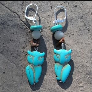Turquoise Owl Tigers Eye & Amazonite Dangle Drop Earrings Silver Plated Hook